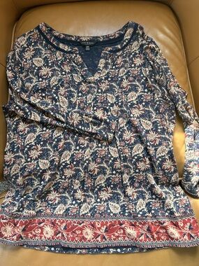 Lucky Brand Navy Floral Split-Neck Top - Navy, Cream, Red